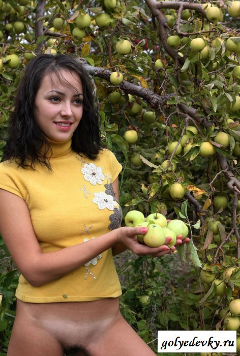 Обнажённая брюнетка собирает яблоки